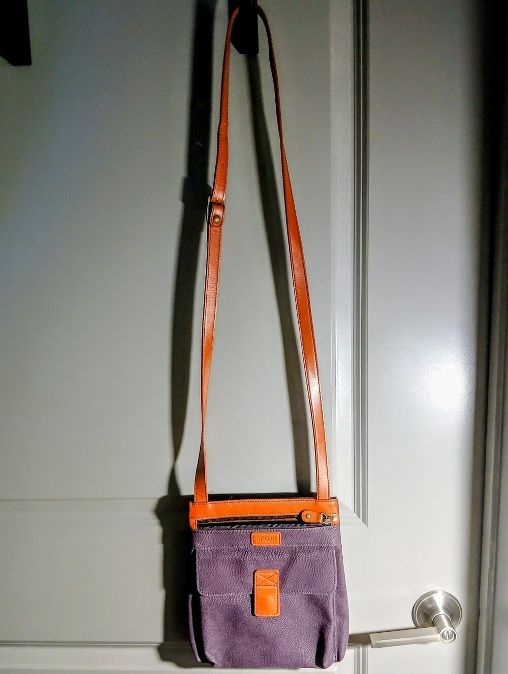MaggieB Maroon Canvas Crossbody Bag with Brown Leather EUC